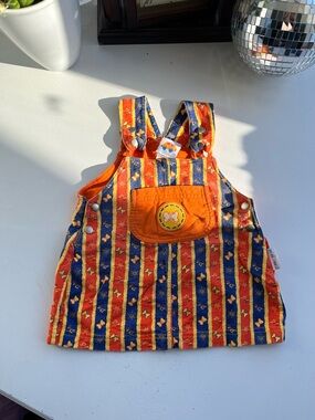 miniwear Vintage 90s Orange & Blue Striped Kids Suspenders Dress Mini Car 3-6mo
